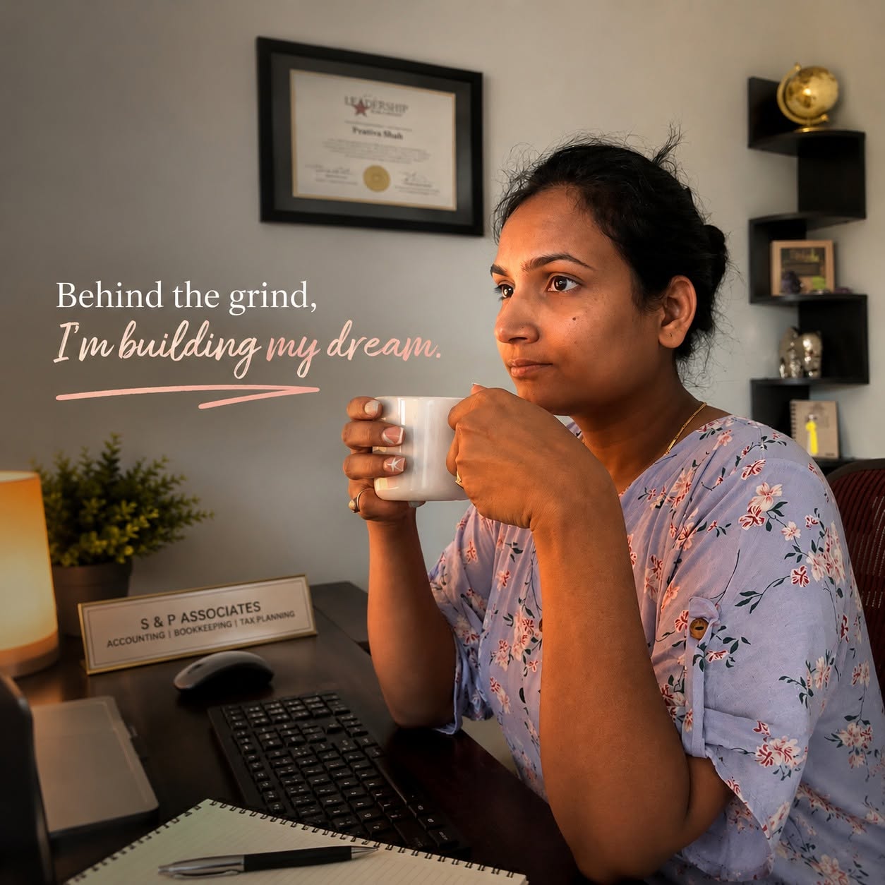 Prativa Shah at her desk - behind the grind, building her dream